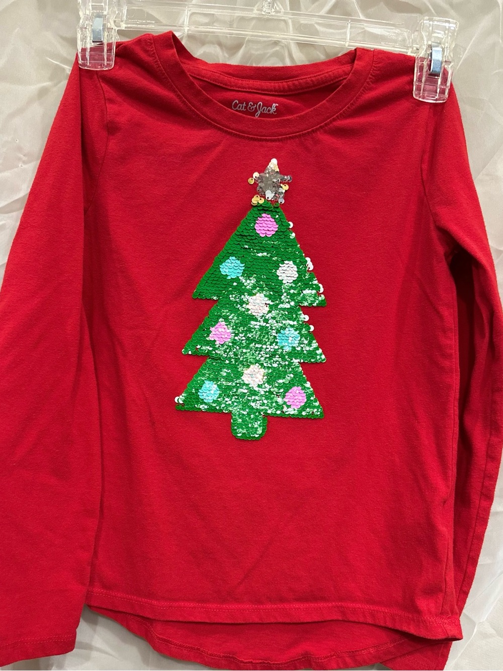 Cat & Jack Red Long-Sleeve Top with Changing Sequin Christmas Tree